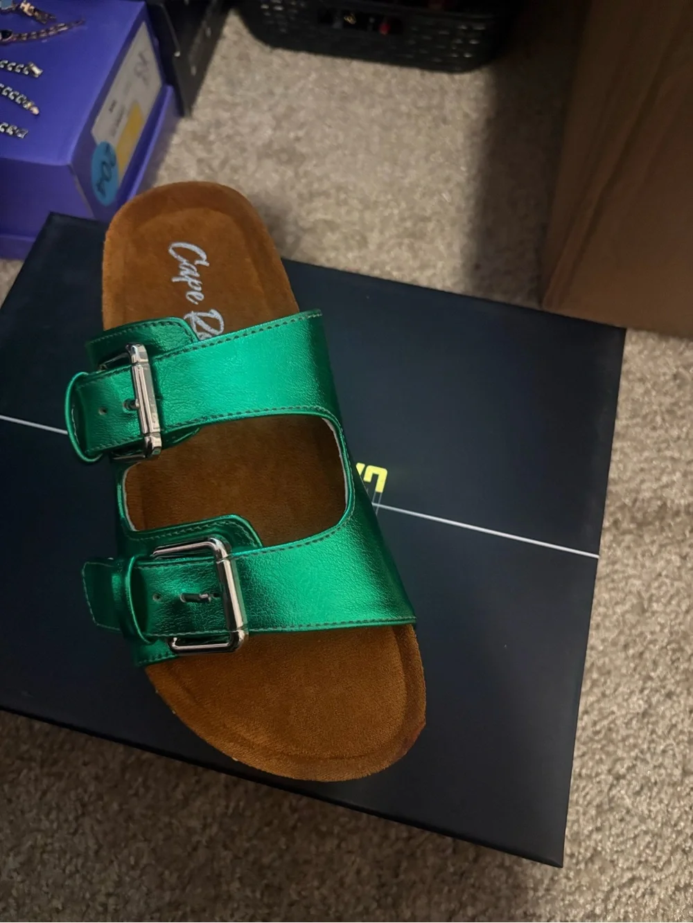 Metallic Green Slide Sandals with Buckles